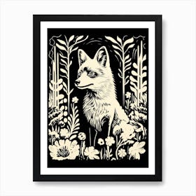 Linocut Fox Illustration Black 18 Art Print