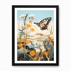 Butterflies In Wild Flowers Japanese Style Painting 4 Art Print