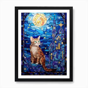 Stained Glass Of A Cat Under The Moonlight And Stars Art Print