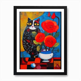 Peony With A Cat 2 Surreal Joan Miro Style  Art Print