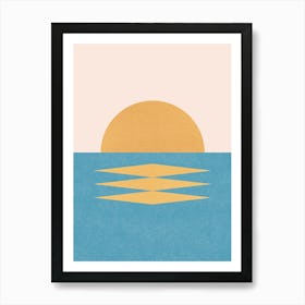 Sunrise Graphic Abstract Seascape - Blue Gold Art Print