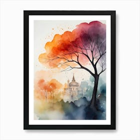 Watercolor Of A Tree And A Castle Affiche