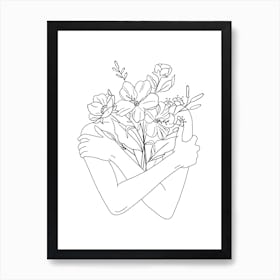 Woman Flowers Line Art Art Print