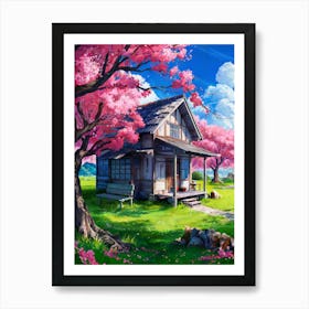 Lofi Anime Art: Rustic house under vibrant cherry blossoms, with a sunny countryside backdrop. Perfect for peaceful and nostalgic vibes. Art Print