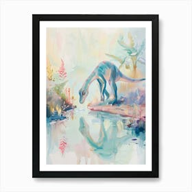 Dinosaur Drinking From A Watering Hole Watercolour Illustration 3 Art Print