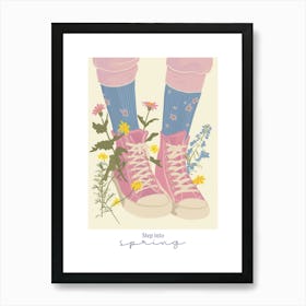 Step Into Spring Illustration Pink Sneakers And Flowers 5 Art Print