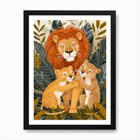 African Lion Family Bonding Illustration 3 Art Print