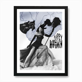 Young Sexy Witch Posing With Broom Under Winking Moon Art Print