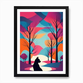 cat Silhouette In The Forest, colorful art, abstract art, digital art, cat vector art Art Print