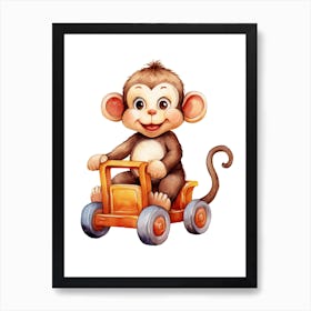 Baby Monkey On A Toy Car, Watercolour Nursery 2 Art Print