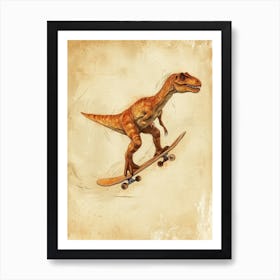 Vintage Oviraptor Dinosaur On A Skateboard 3 Art Print