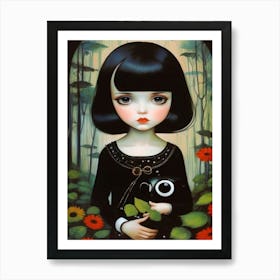 Big Eye Gothic Girl With Toy Owl Art Print