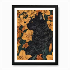 Black Cat In Lilies 2 Art Print