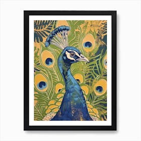 Blue Mustard Peacock With Tropical Leaves 1 Art Print