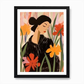 Woman With Autumnal Flowers Gladiolus 2 Art Print