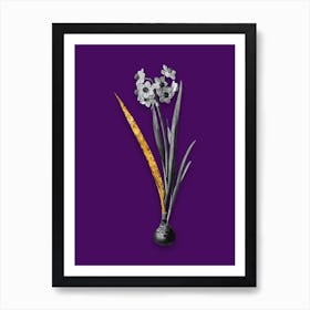 Vintage Daffodil Black and White Gold Leaf Floral Art on Deep Violet n.0762 Art Print