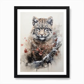 Snow Leopard, Japanese Brush Painting, Ukiyo E, Minimal 1 Art Print