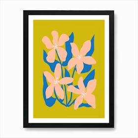 Pink Flowers On Yellow Background Art Print