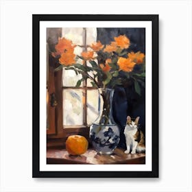 Flower Vase Magnolia With A Cat 4 Impressionism, Cezanne Style Art Print