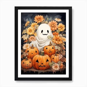 Cute Bedsheet Ghost, Botanical Halloween Watercolour 18 Art Print