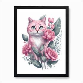 Pink Floral Cat Painting (4) Art Print
