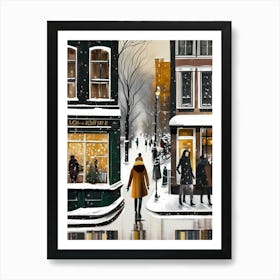 Amsterdam cafes, winter season, Christmas, autumn oil colors, pale colors, pedestrians in the street, winter clothes, falling snow.10 2 Art Print