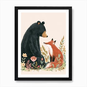 American Black Bear And A Fox Storybook Illustration 1 Art Print