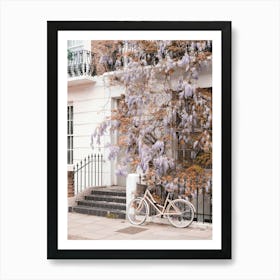 London, England I Primrose Romantic street photography with vintage bike and wisteria flowers like Bridgerton to elegant white Victorian architecture of a boho bohemian London street city urban landscape Art Print