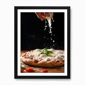 A Hand Stretching A Glistening Ball Of Pizza Dough Mid Action Flour Dusting In The Air From A Woode Art Print