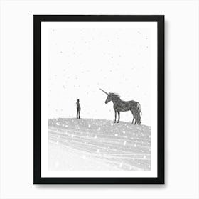 A Unicorn In A Winter Setting Black & White 2 Art Print