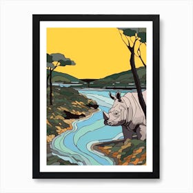 Simple Line Illustration Rhino By The River 1 Art Print