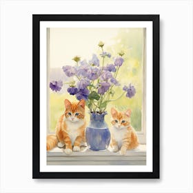 Cat With Pansy Flowers Watercolor Mothers Day Valentines 2 Art Print