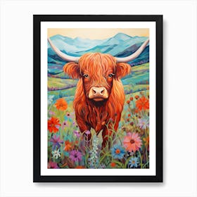 Floral Digital Illustration Of Highland Cow 2 Art Print