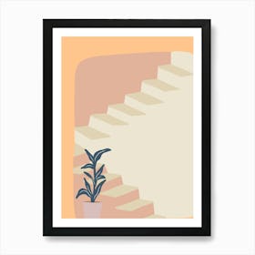 Stairs And Potted Plant. Egypt - boho travel pastel vector minimalist poster Art Print