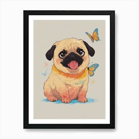 Pug Dog With Butterflies Art Print