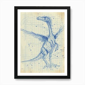 Microraptor Dinosaur Blue Print Sketch 1 Art Print