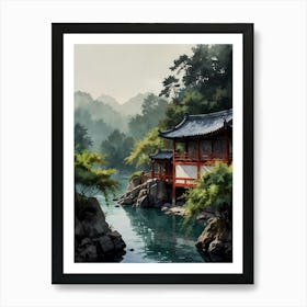 Asian House By The River Art Print