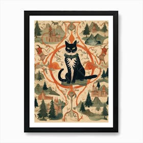 Regal Black & White Cat With Medieval Map Art Print