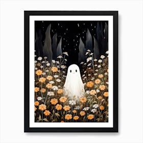 Cute Bedsheet Ghost, Botanical Halloween Watercolour 80 Art Print