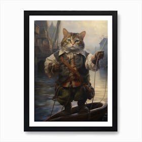 Cat As A Captain On A Medieval Boat 2 Art Print