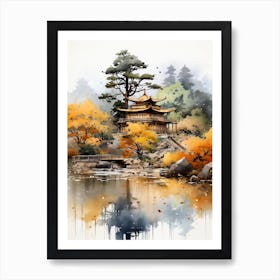 Kinkaku Ji (Golden Pavilion) In Kyoto, Japanese Brush Painting, Ukiyo E, Minimal 1 Art Print