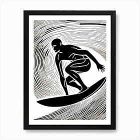 Linocut Black And White Surfer On A Wave art, surfing art, 268 Art Print