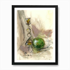 Green Apple And A Candle Holder - watercolor hand painted vertical kitchen Art Print