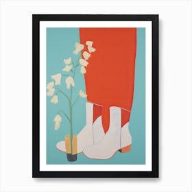 A Painting Of Cowboy Boots With White Flowers, Pop Art Style 18 Art Print