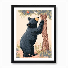 American Black Bear Scratching Its Back Against A Tree Storybook Illustration 3 Art Print