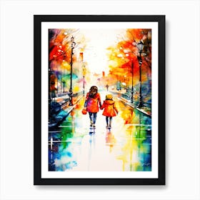 Sisters - Two Children Walking Down The Street Art Print