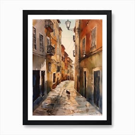 Painting Of Lisbon Portugal With A Cat In The Style Of Watercolour 3 Art Print