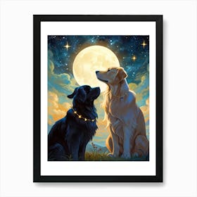 Two Dogs Under The Moon Art Print