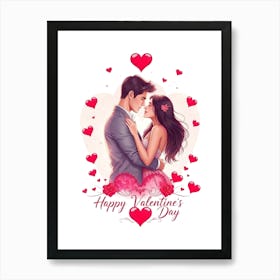 Couples Happy Valentine'S Day with Hearts Art Print