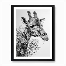 Giraffe With Their Head In The Flowers 2 Art Print